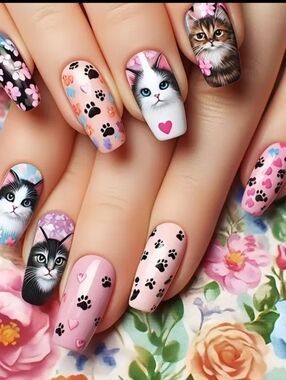 24PCS Kawaii Cat Press On Nails Medium Length Pink Paw Print Floral Nail Set